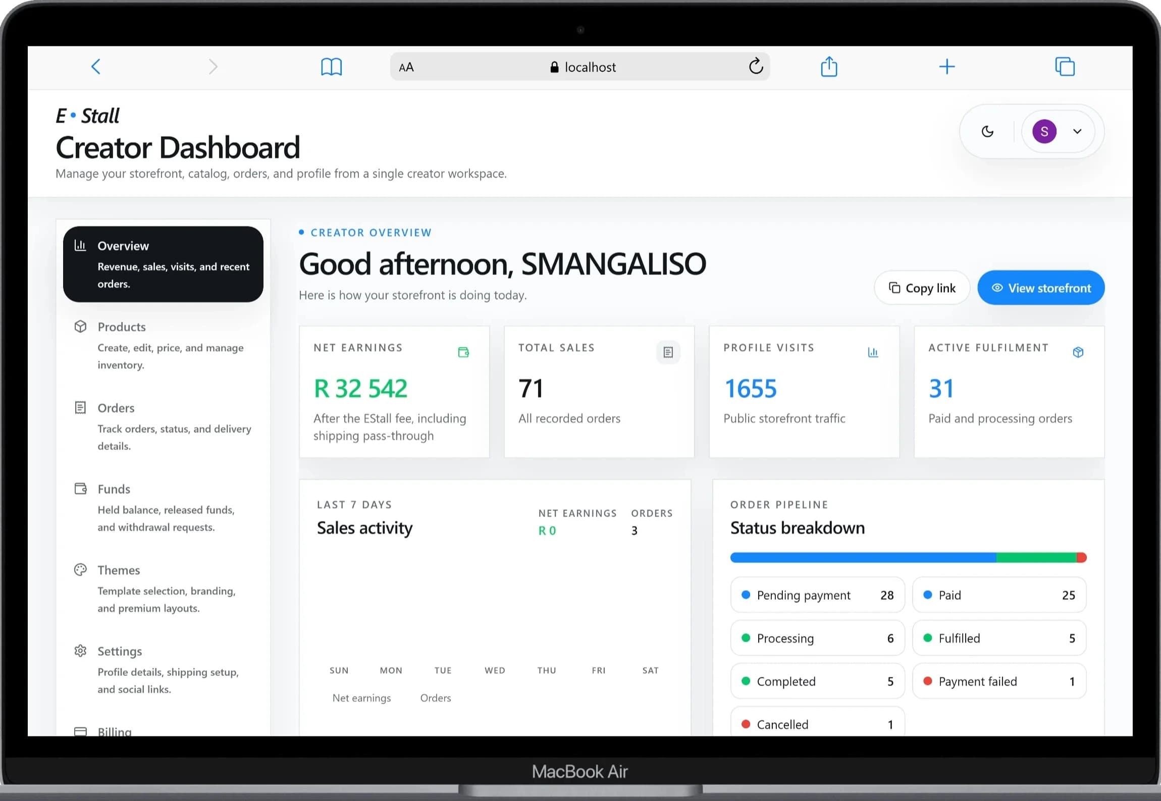 EStall creator dashboard showing orders, revenue, and funds